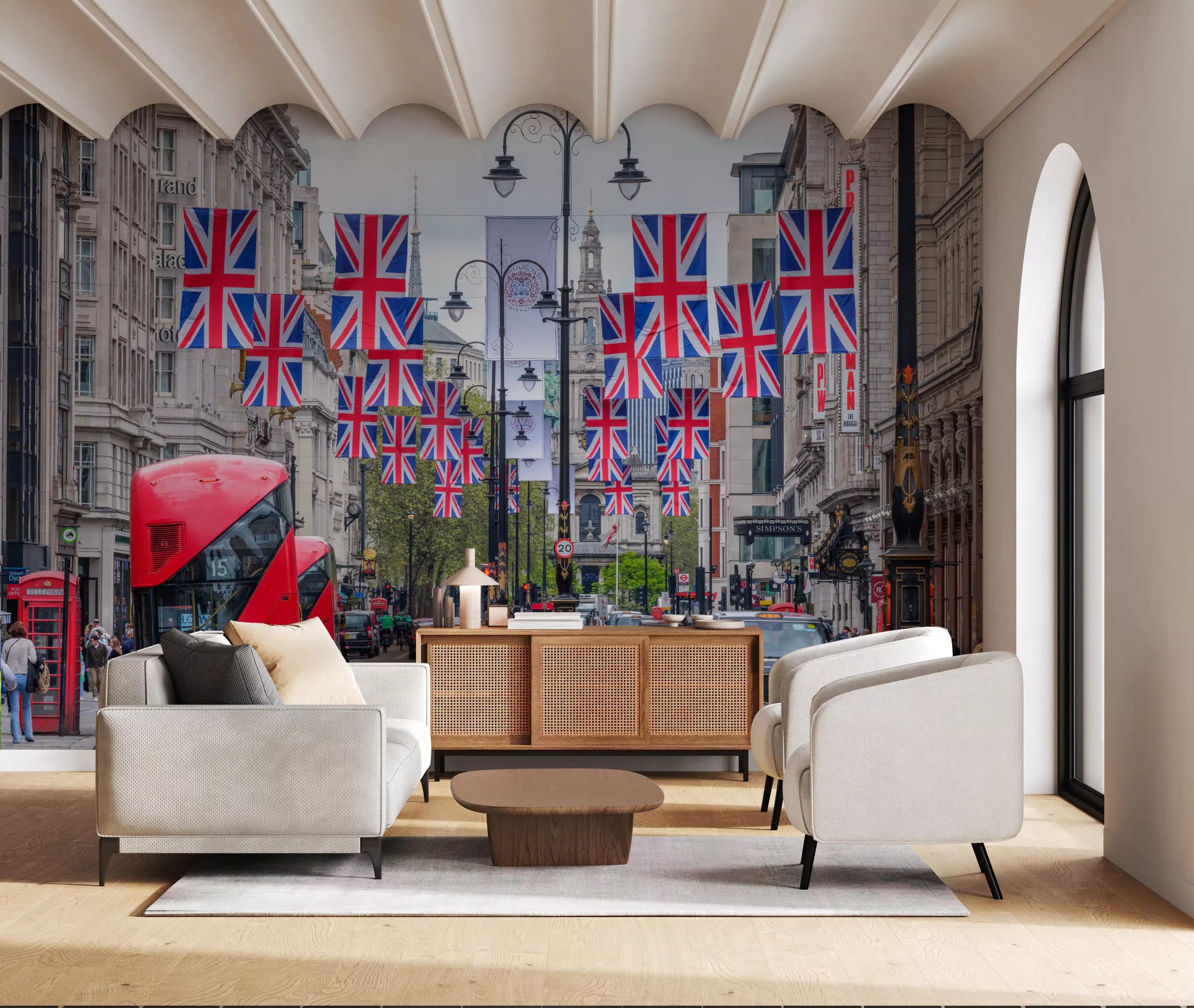 Union Jack flags lifting a living room, City Streetscape wall mural, GD11194
