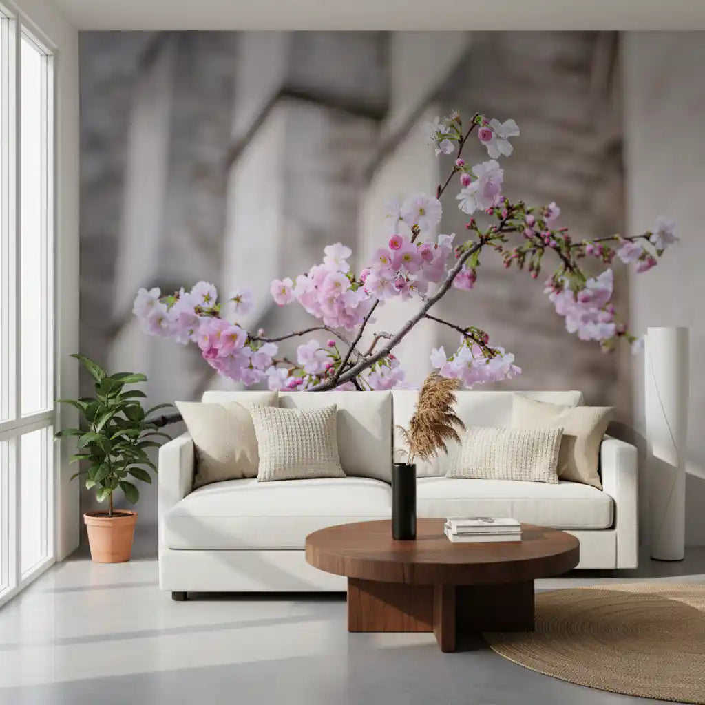 Vægmaleri med forårsblomstrende gren