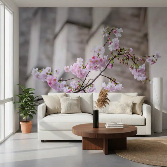 Vægmaleri med forårsblomstrende gren