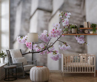 Vægmaleri med forårsblomstrende gren