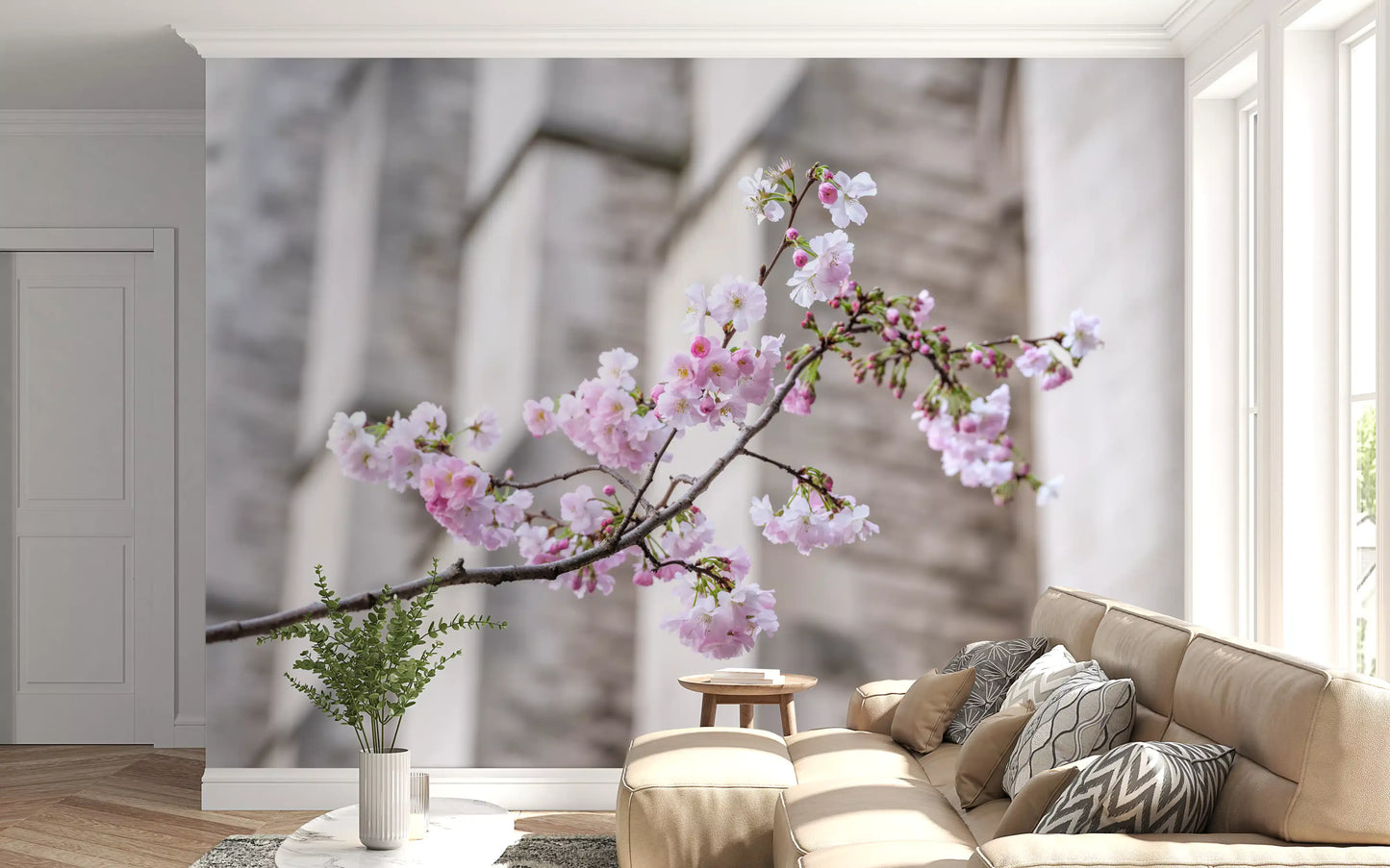 Vægmaleri med forårsblomstrende gren