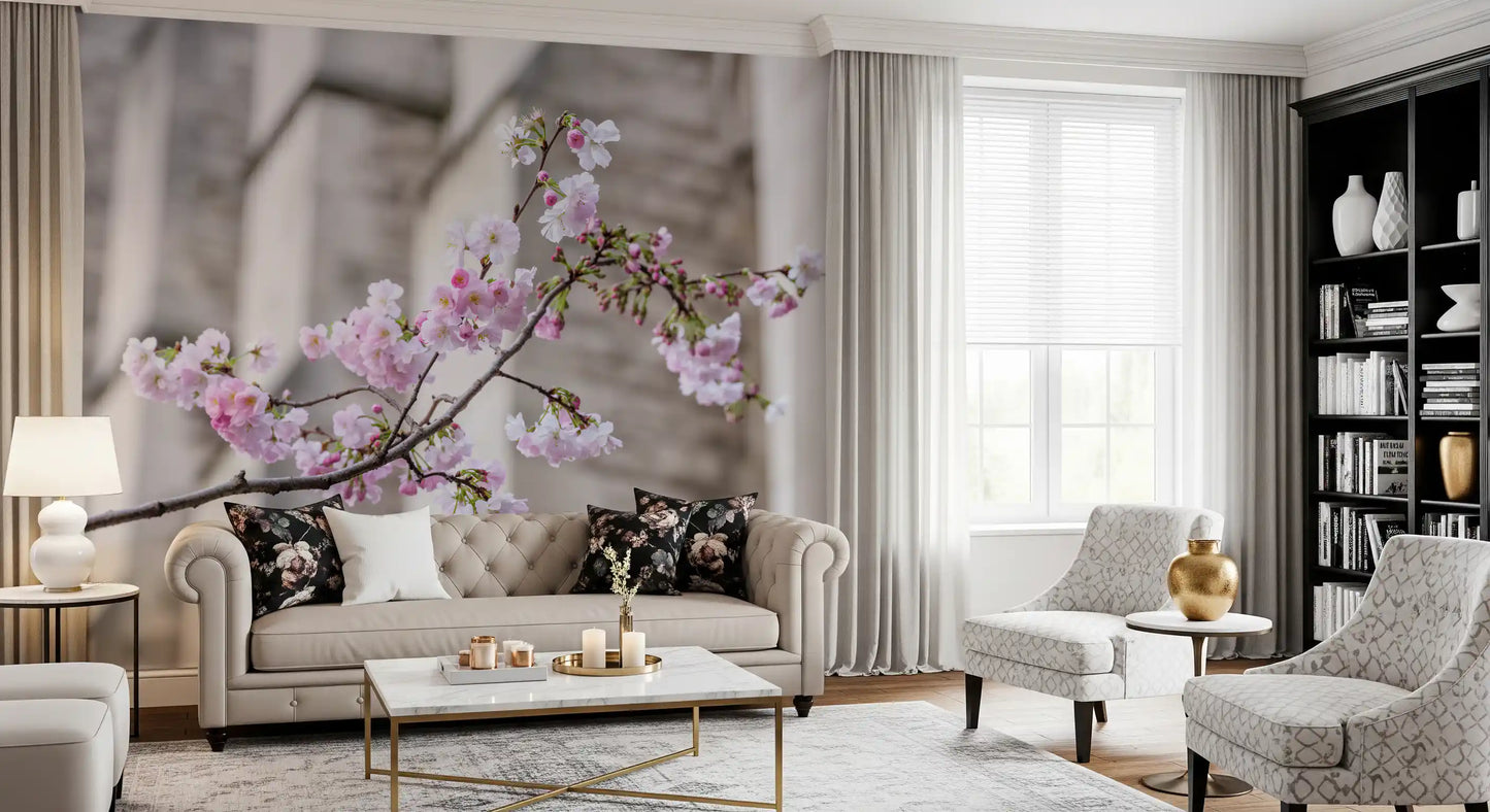 Vægmaleri med forårsblomstrende gren