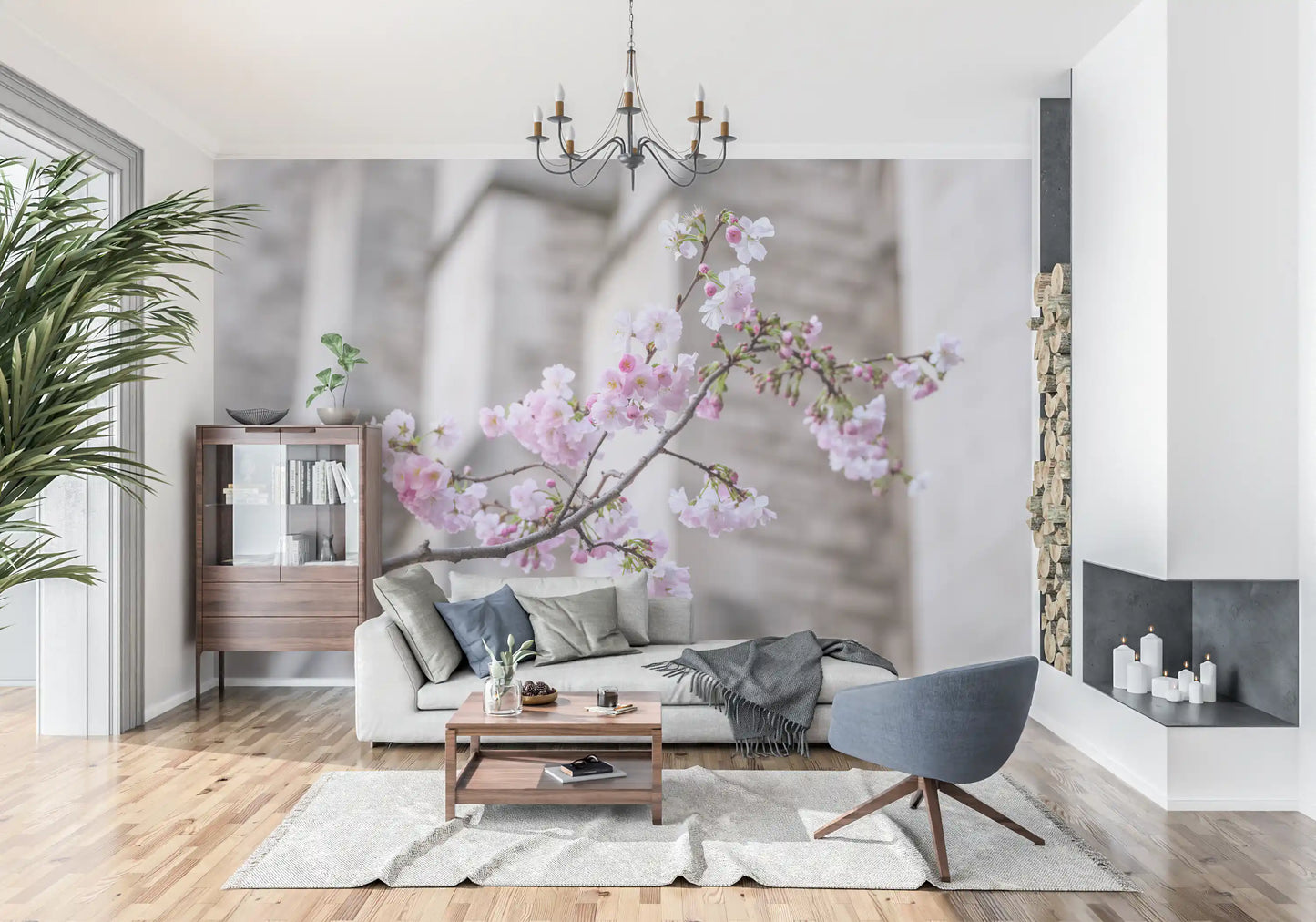 Vægmaleri med forårsblomstrende gren