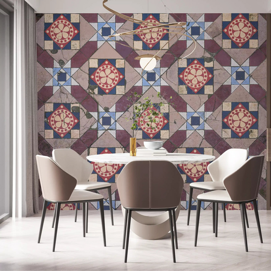 Red floral medallions on a Victorian wall mural warming a dining room, GD11200