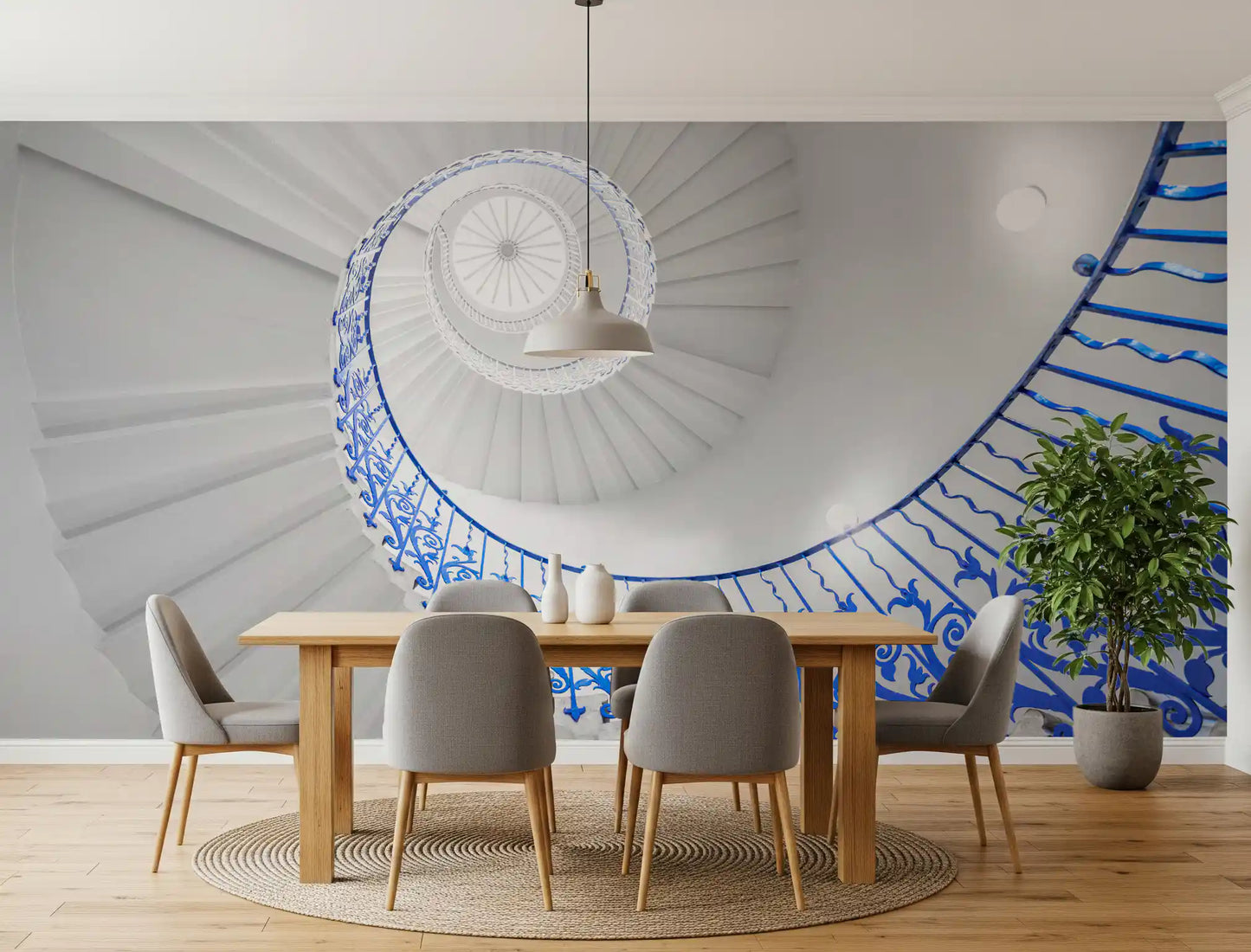 Väggmålning med arkitektonisk detalj av koboltblå spiraltrappa