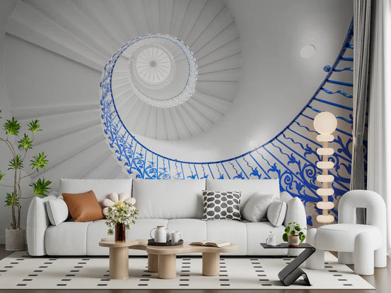 Cobalt spiral staircase wall mural giving a living room a cool blue focus GD11210
