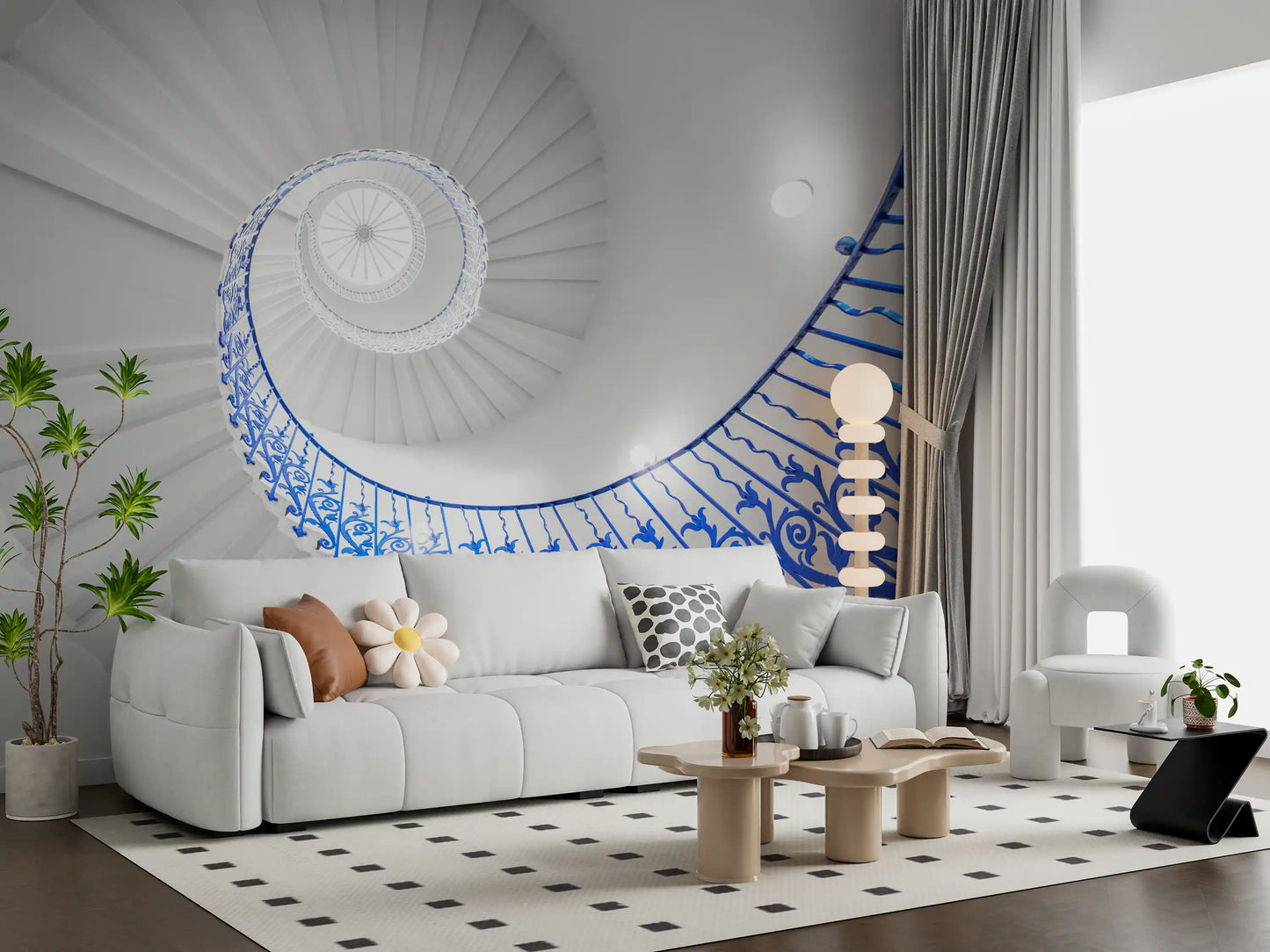 Väggmålning med arkitektonisk detalj av koboltblå spiraltrappa