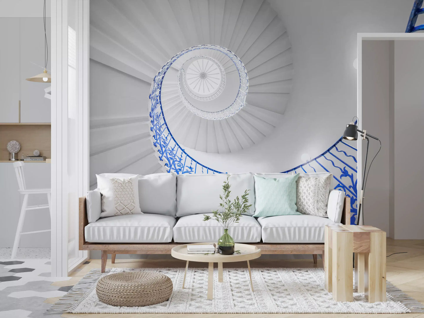 Väggmålning med arkitektonisk detalj av koboltblå spiraltrappa