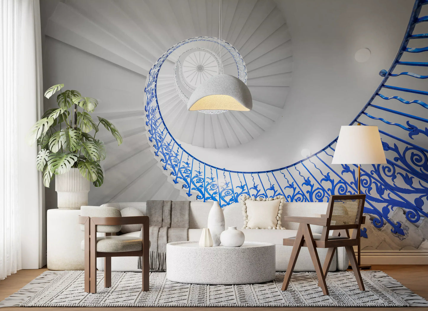 Väggmålning med arkitektonisk detalj av koboltblå spiraltrappa