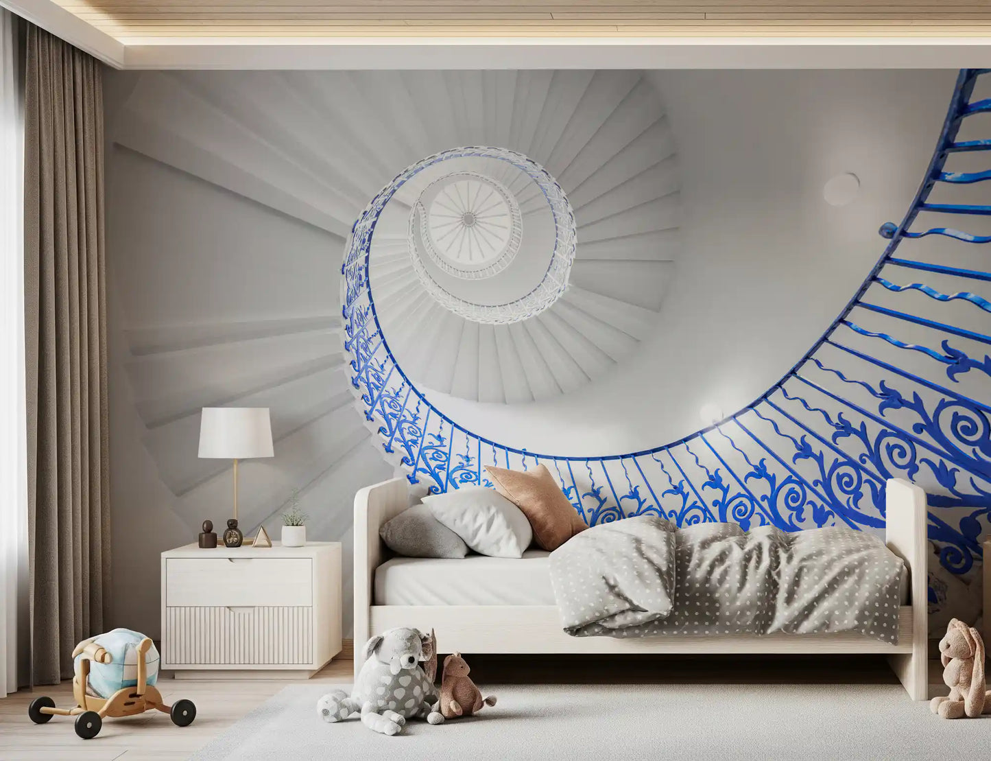 Väggmålning med arkitektonisk detalj av koboltblå spiraltrappa