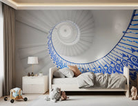 Väggmålning med arkitektonisk detalj av koboltblå spiraltrappa
