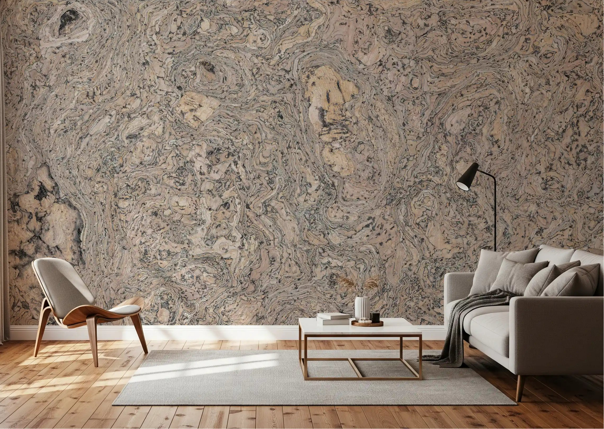 Cork grain wall mural adding a mineral feature to a living room GD11211
