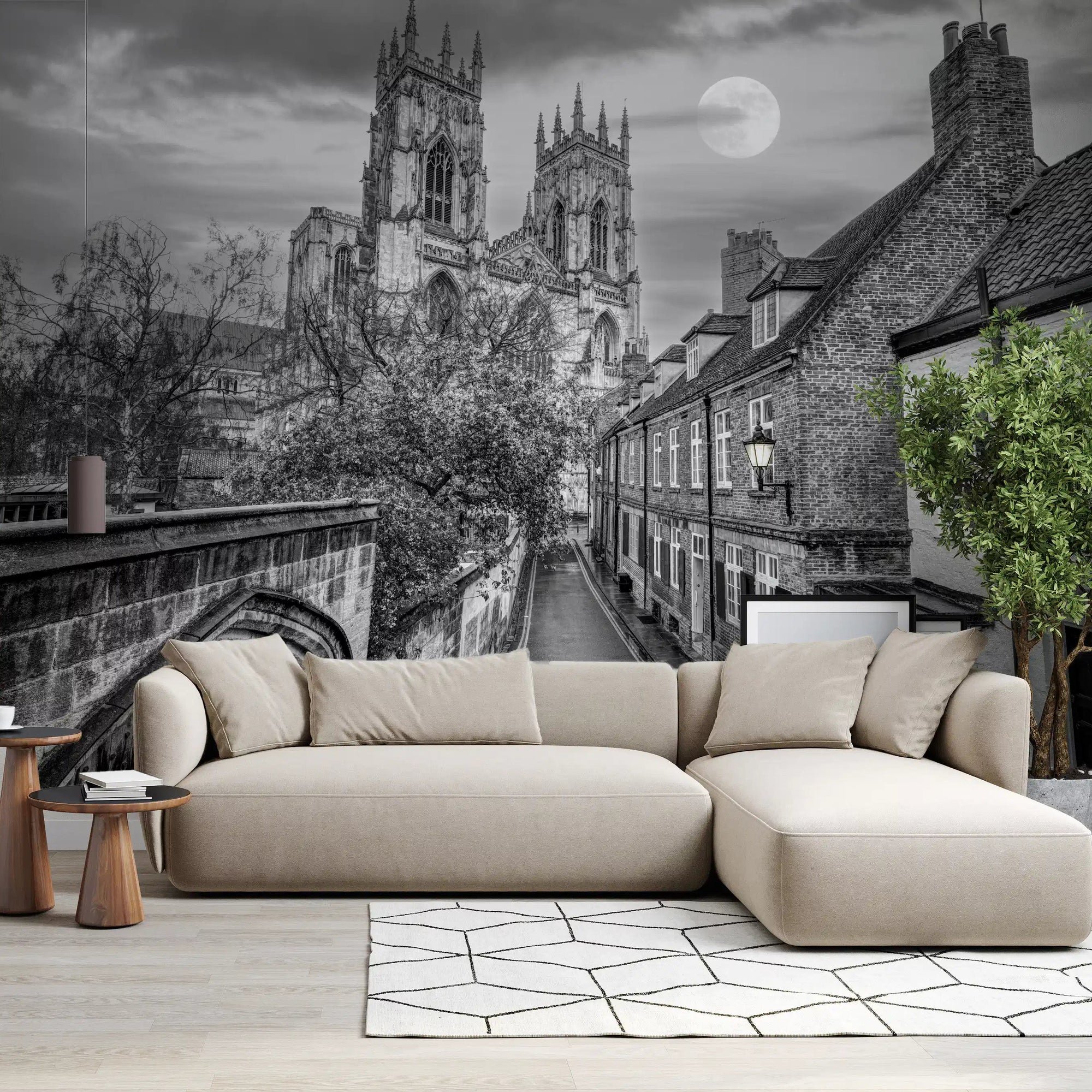 Moonlit York Minster towers glow on a wall mural in a living room GD11212