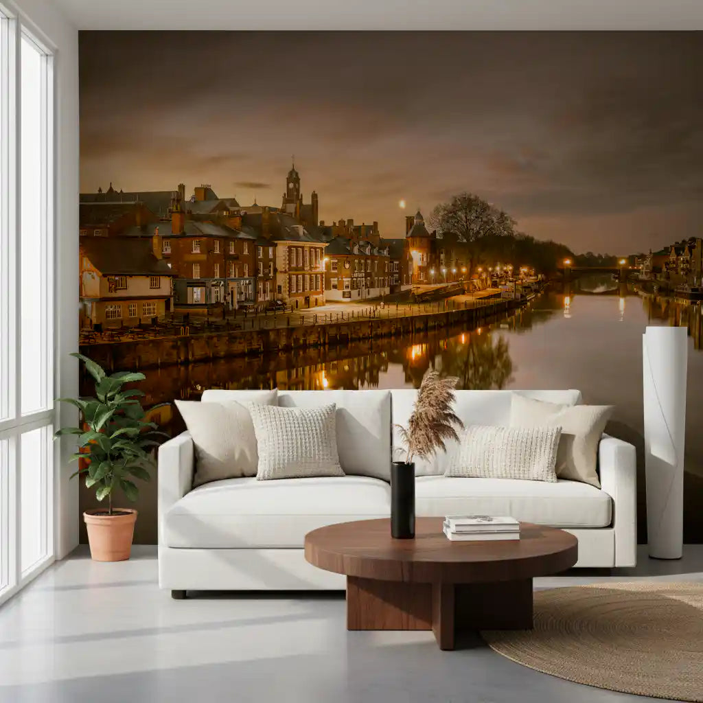 Amber-lit York riverside glows on a wall mural across a living room GD11213