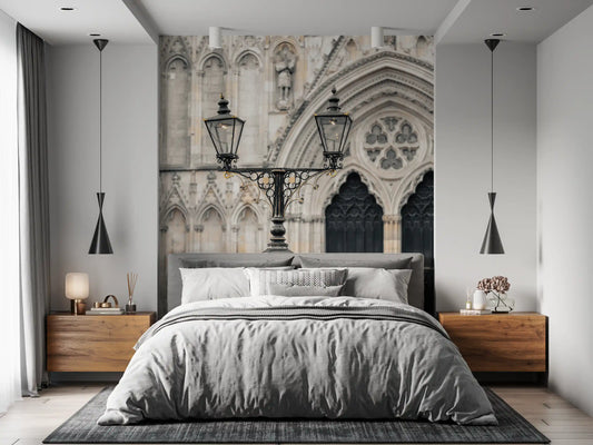 Black lantern and pale stone arches styling a bedroom, a Gothic wall mural GD11215
