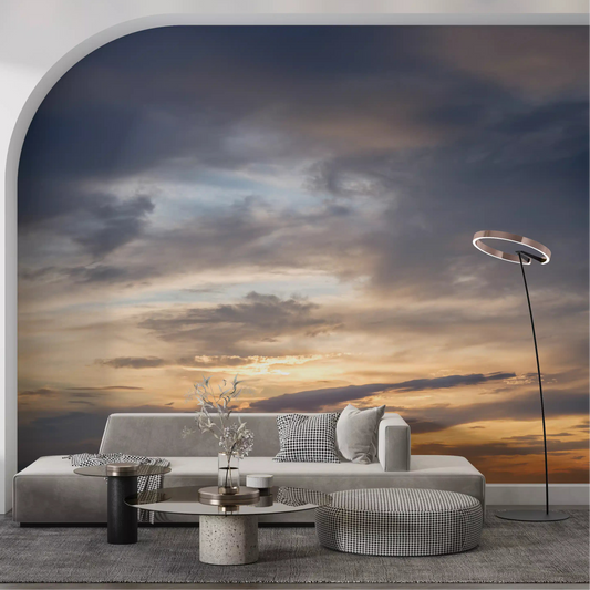 On the wall mural a low sun sinks past the dusk horizon behind a Living room GD11216
