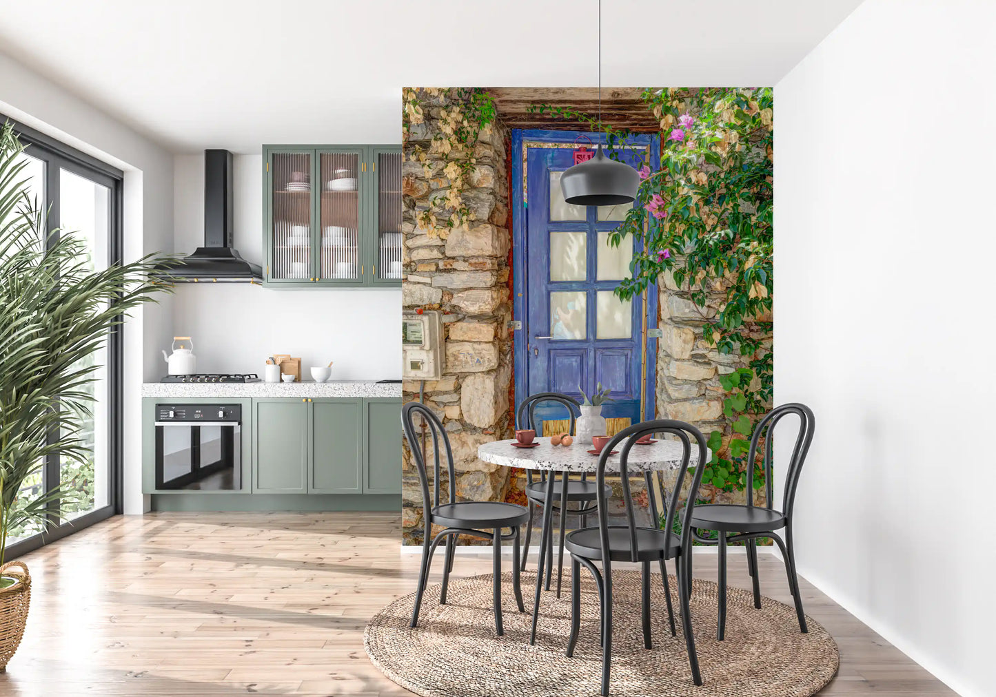 Murale da parete con porta blu mediterranea