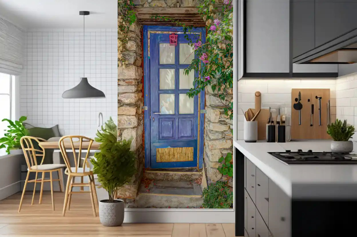 Murale da parete con porta blu mediterranea