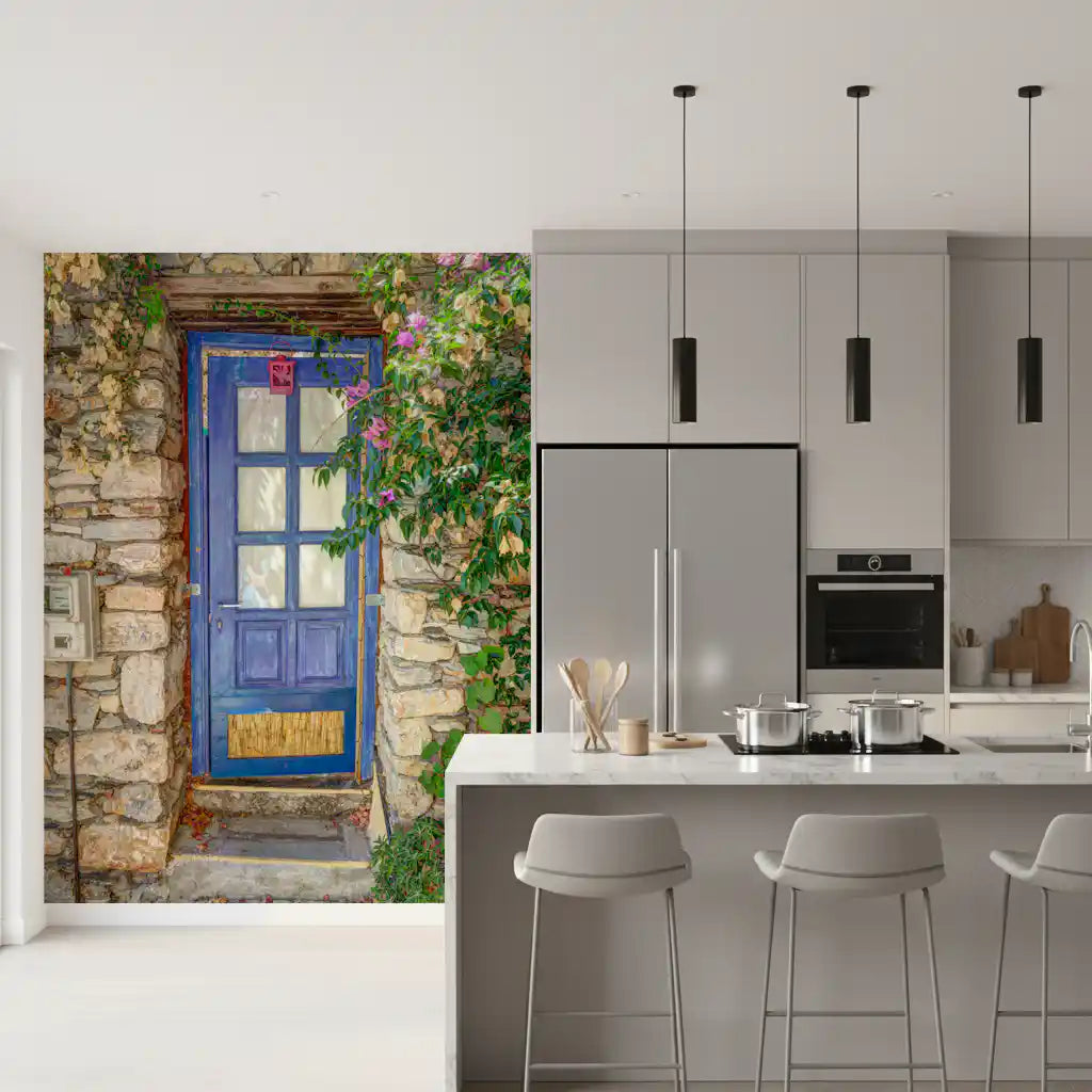 Murale da parete con porta blu mediterranea