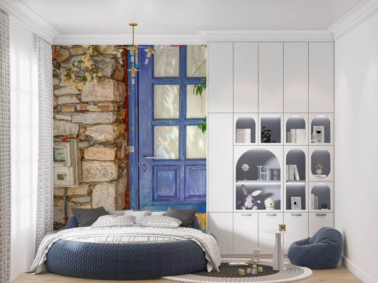 Murale da parete con porta blu mediterranea