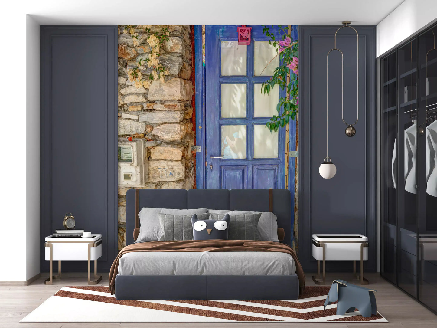 Murale da parete con porta blu mediterranea