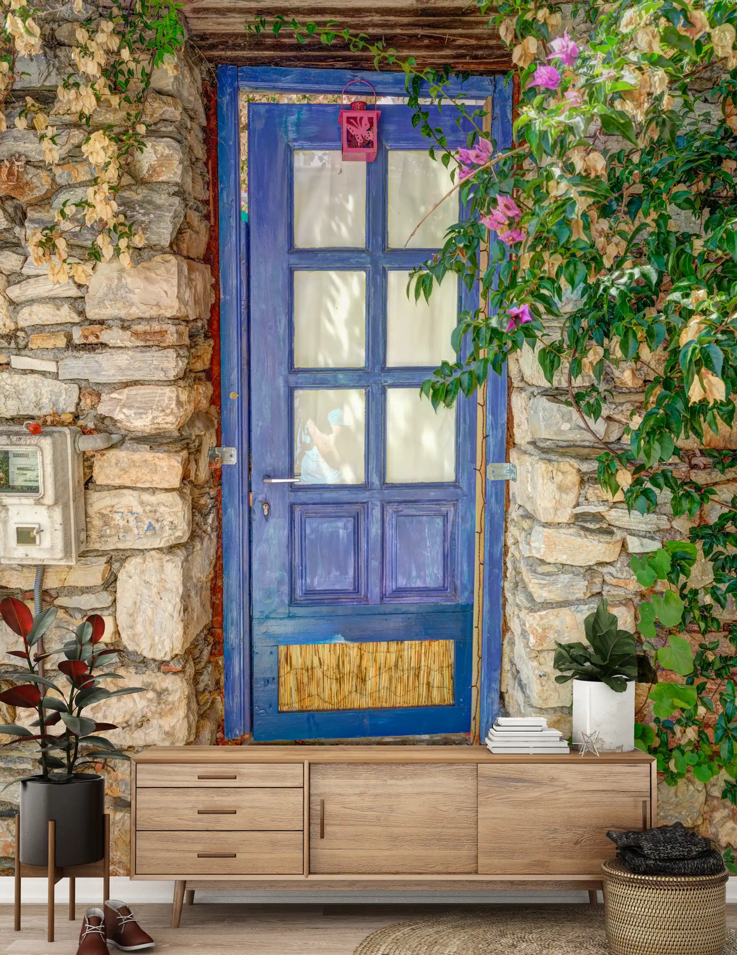 Murale da parete con porta blu mediterranea