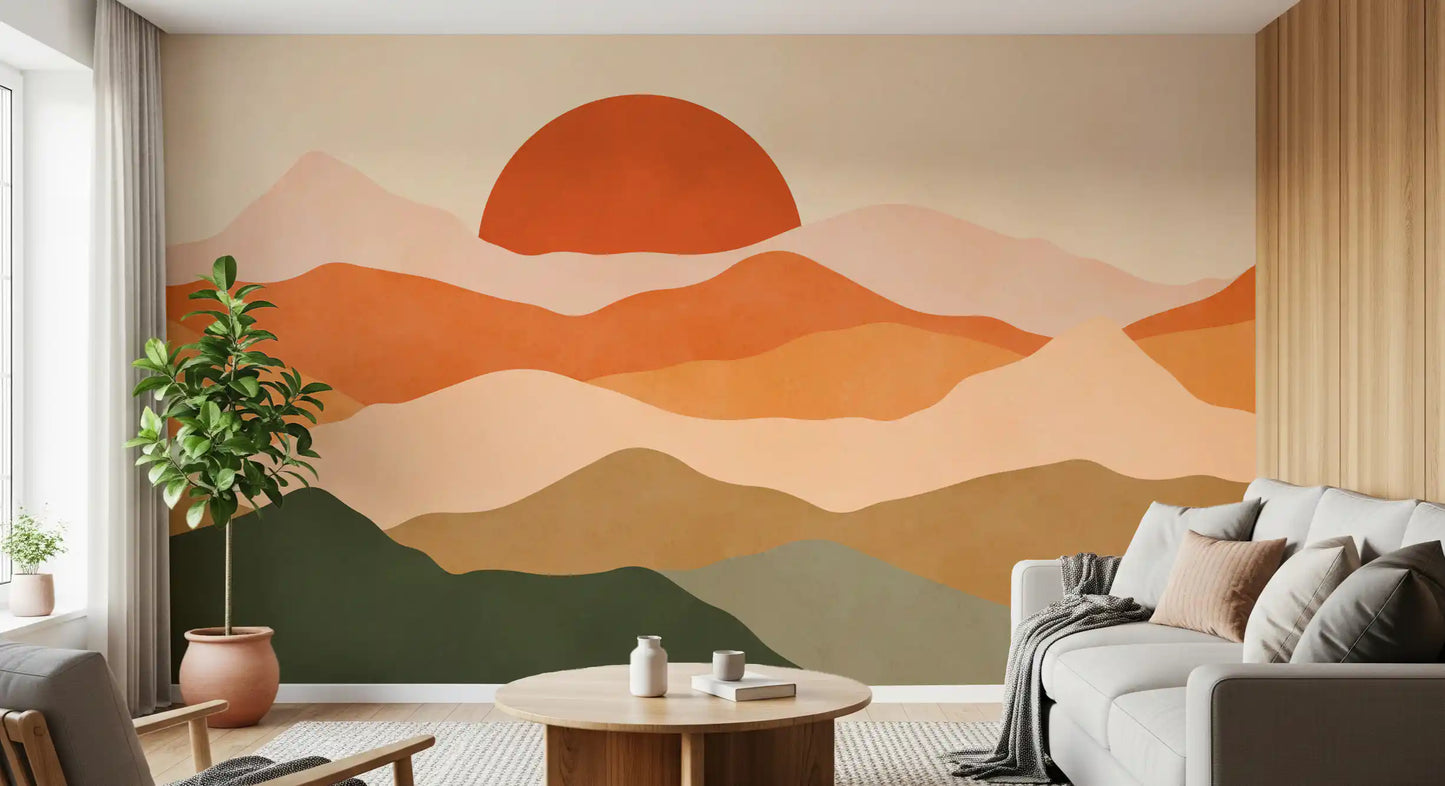 Pictură murală minimalistă cu vârfuri la apus