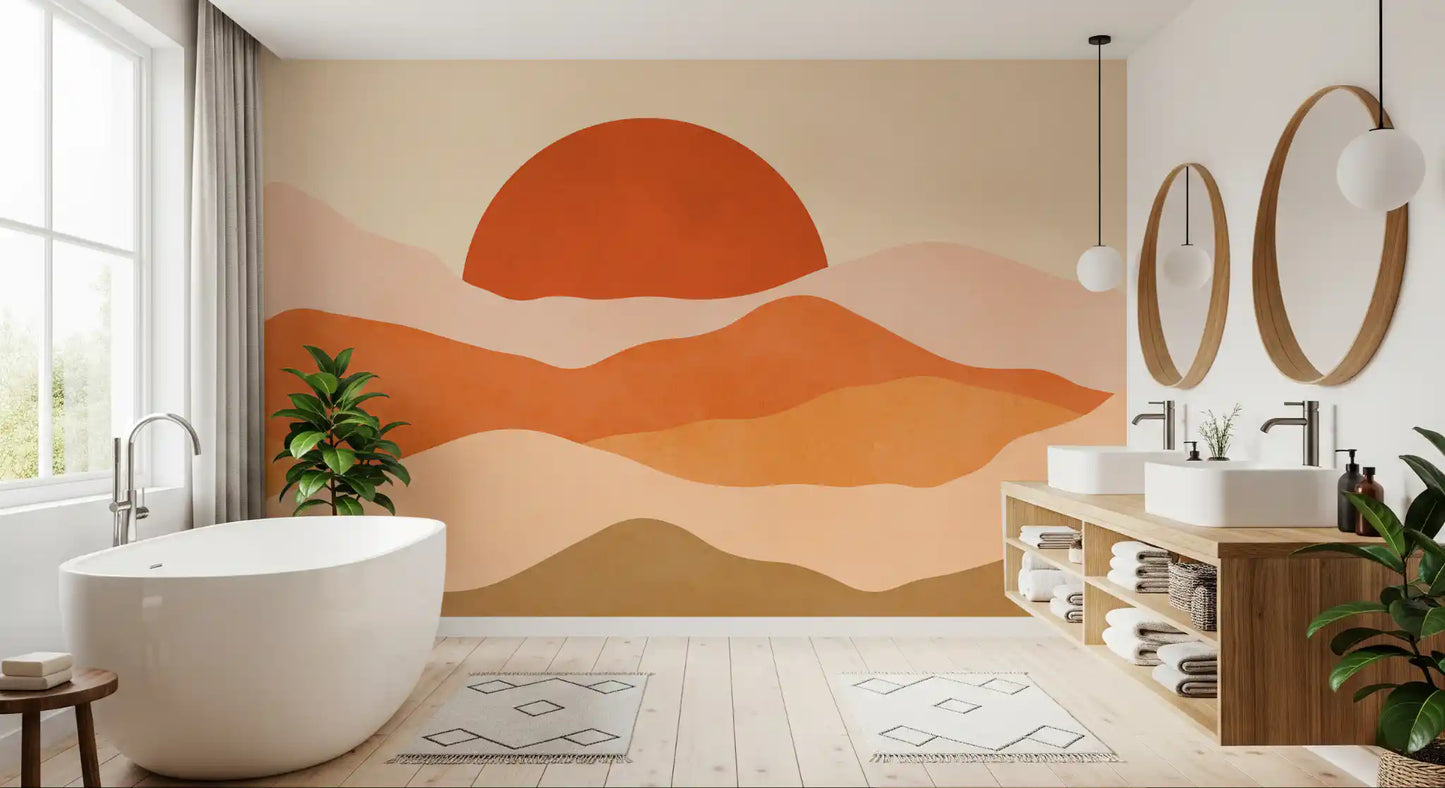 Pictură murală minimalistă cu vârfuri la apus