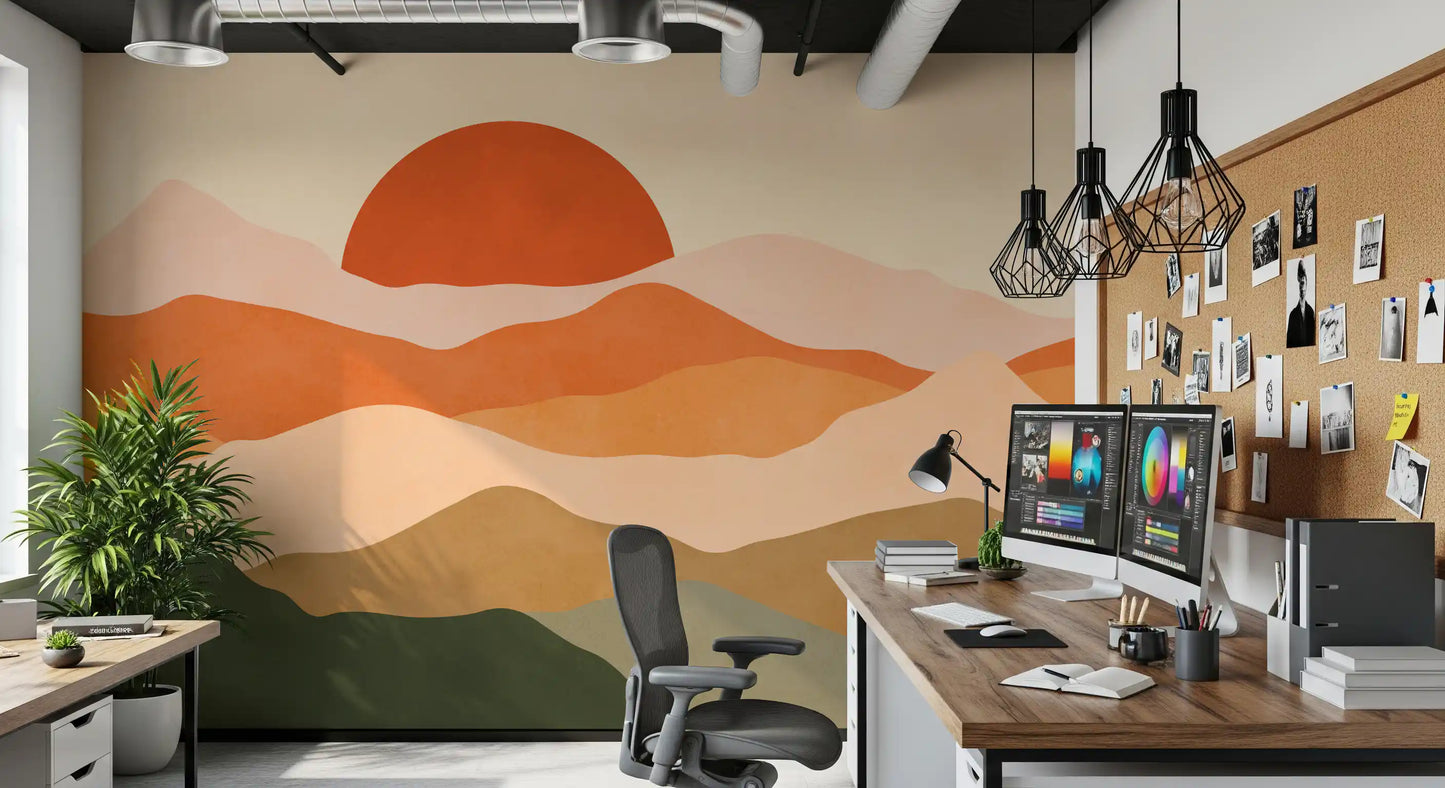 Pictură murală minimalistă cu vârfuri la apus