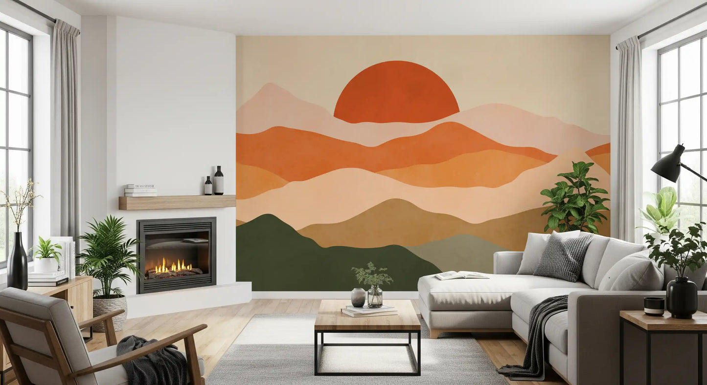 Pictură murală minimalistă cu vârfuri la apus