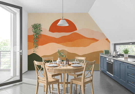 Pictură murală minimalistă cu vârfuri la apus