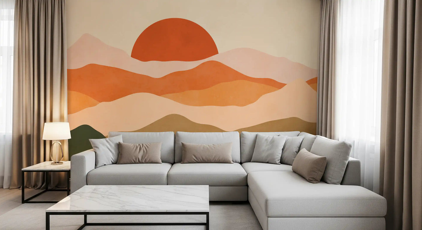 Pictură murală minimalistă cu vârfuri la apus