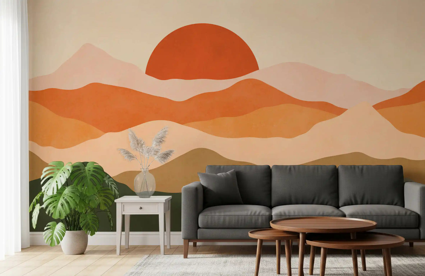 Pictură murală minimalistă cu vârfuri la apus