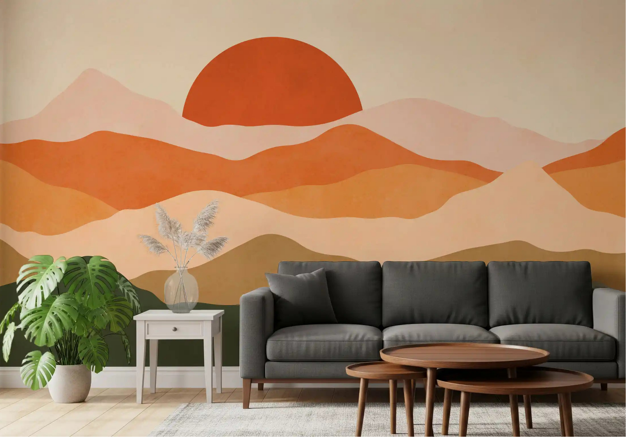 Minimalist Sunset Peaks glow on the wall mural across a living room GD11226
