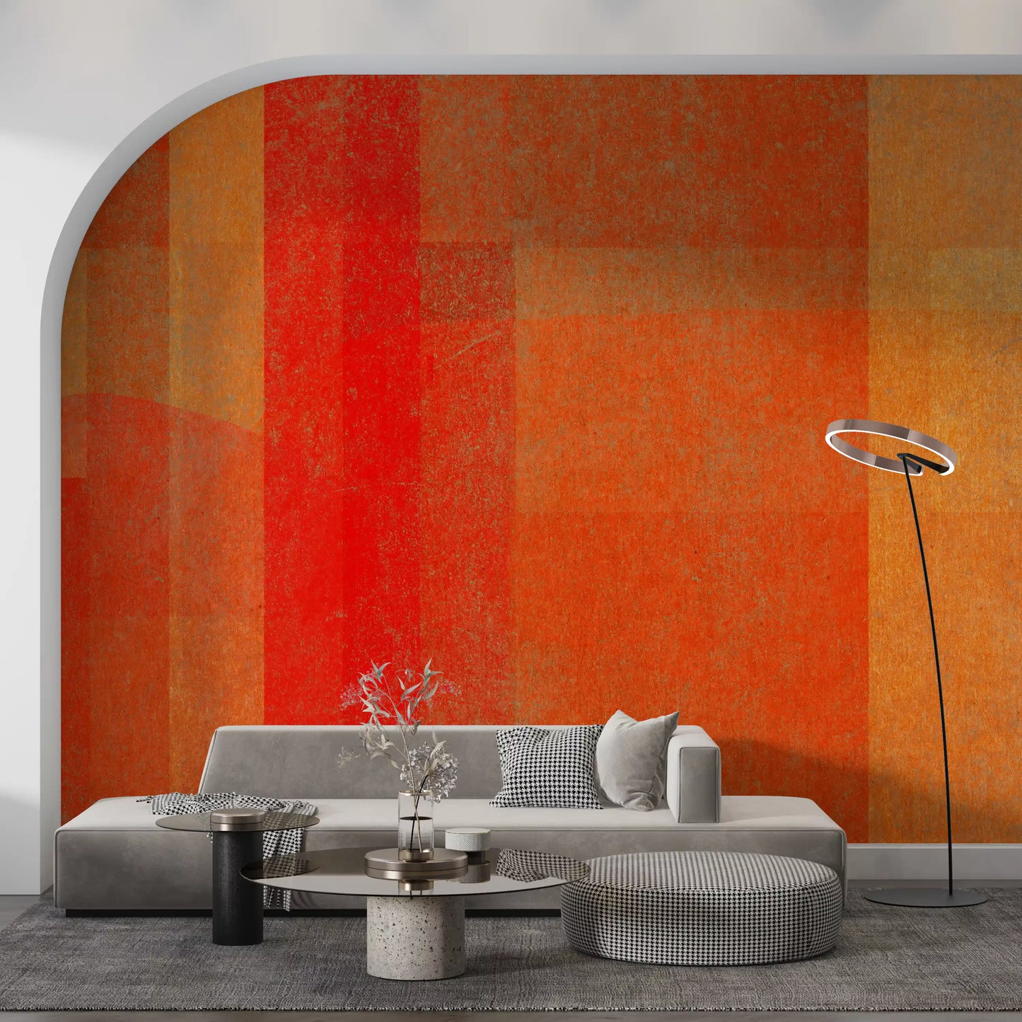 Wandbild mit abstrakter Geometrie und feurigem Sonnenuntergang