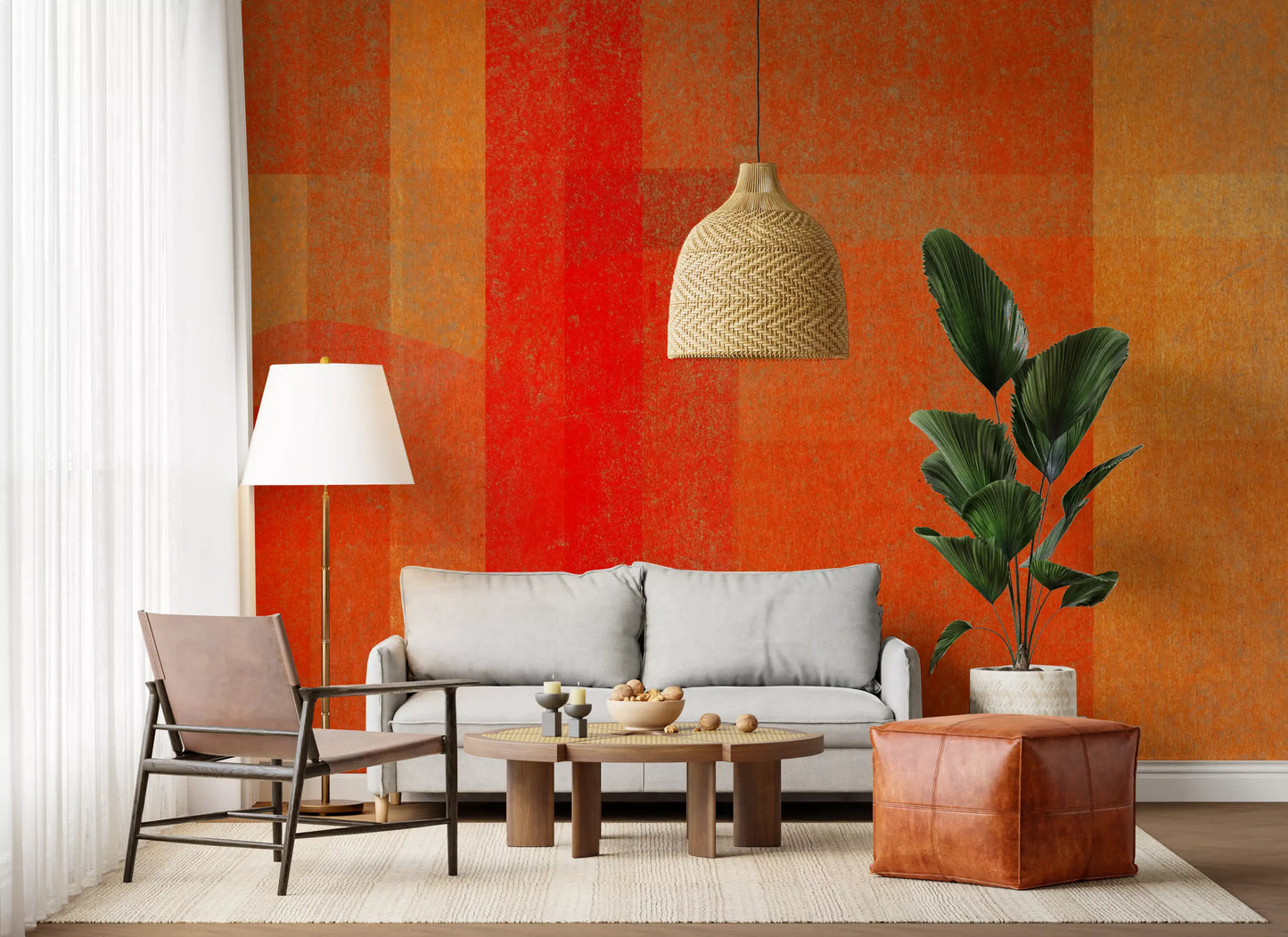 Wandbild mit abstrakter Geometrie und feurigem Sonnenuntergang