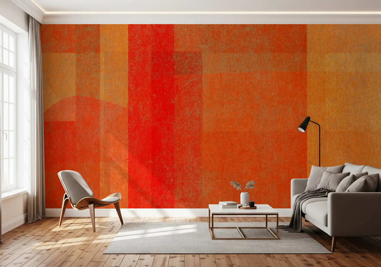 Wandbild mit abstrakter Geometrie und feurigem Sonnenuntergang