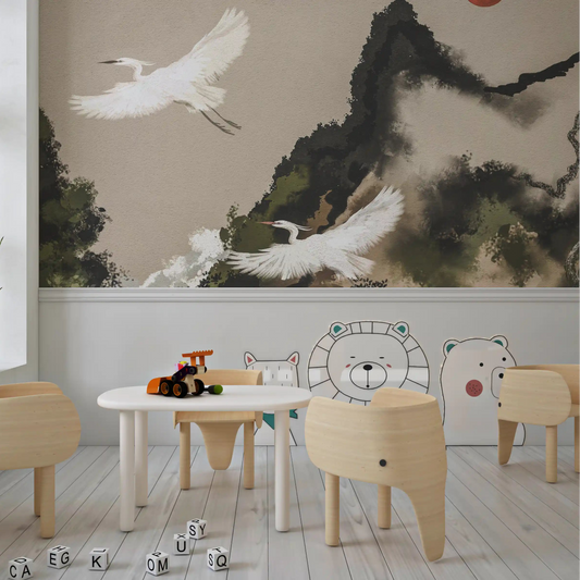 Crimson sun over a Zen Heron wall mural of misty ink peaks and sky GD11229