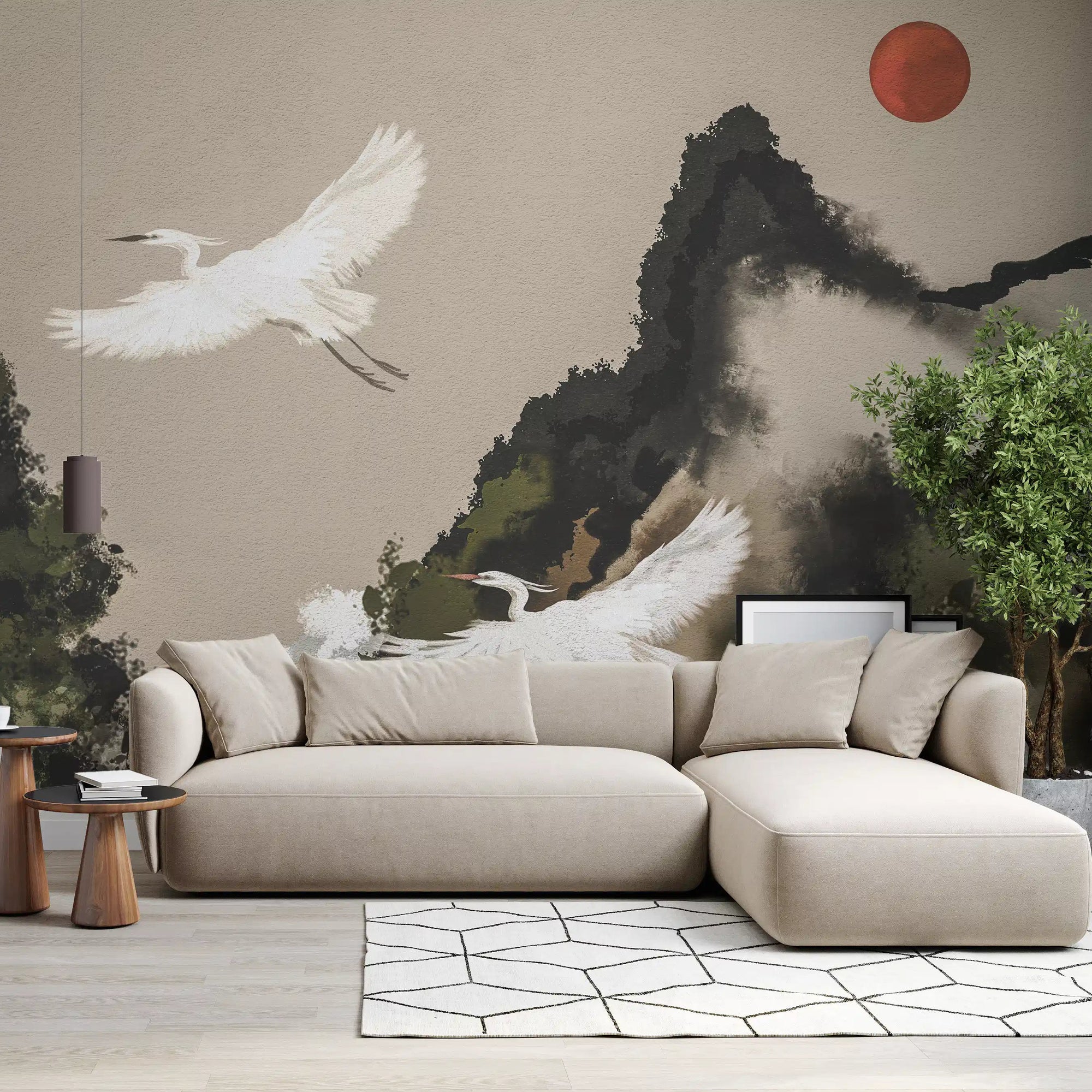 White egrets and a red sun on a Zen Heron wall mural in a living room GD11229