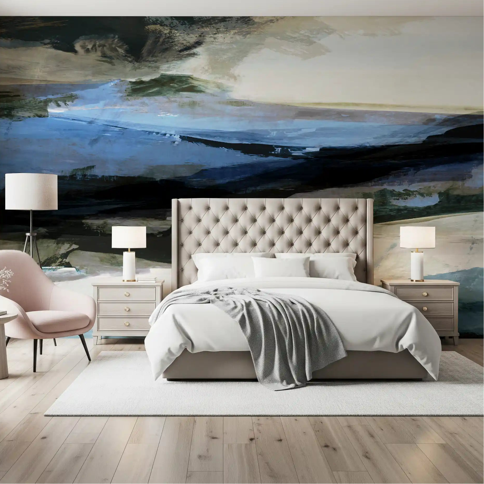 Wall mural in blue gives a Bedroom a calm horizon focus GD11231
