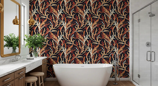 Rust and coral fronds spread across the Foliage wallpaper over a bathroom GD11236
