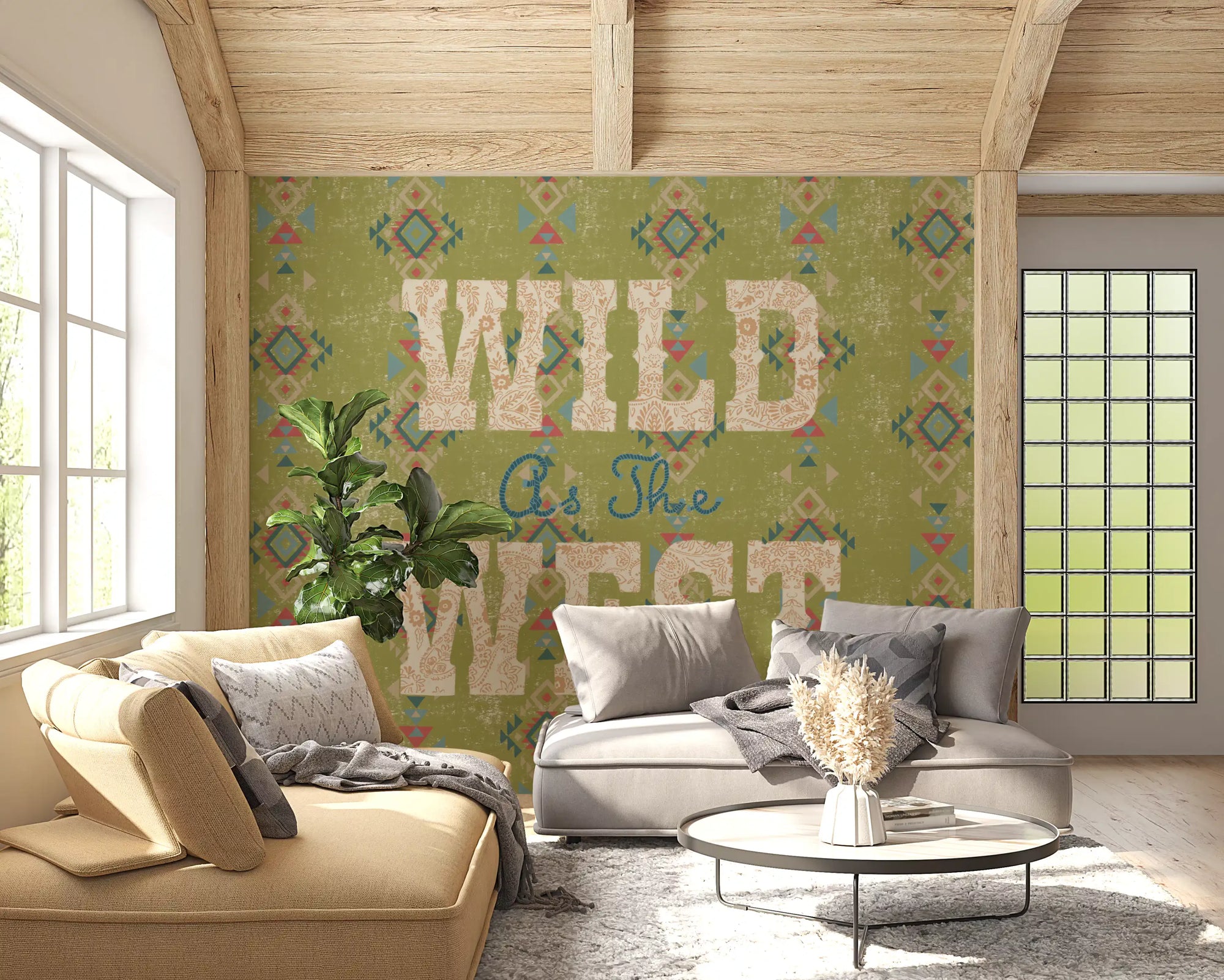 Wall mural spreads the Western Folklore Script pattern across a living room GD11238
