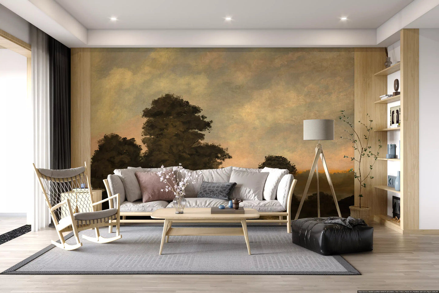 Mural de pared de paisaje de bosque al atardecer rústico
