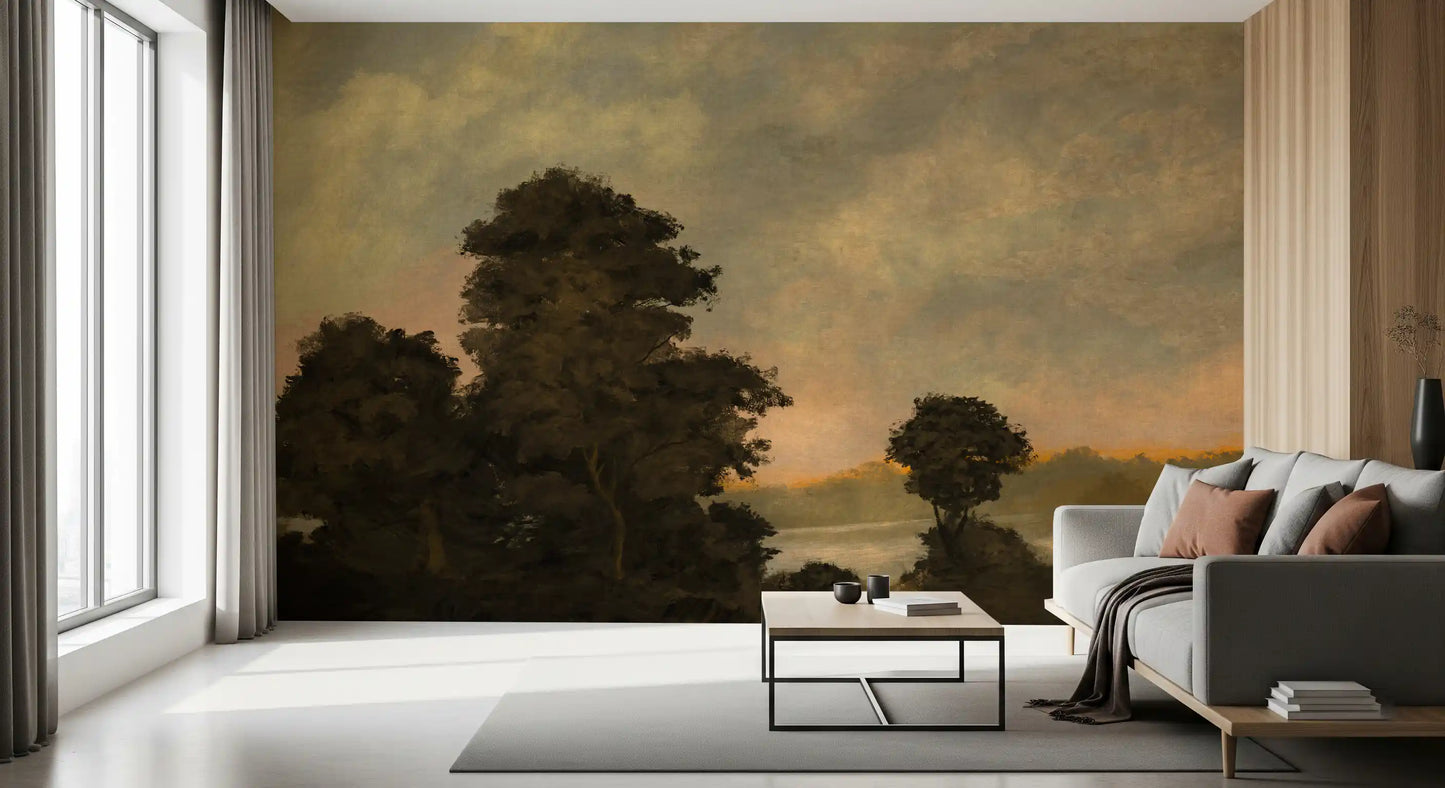 Mural de pared de paisaje de bosque al atardecer rústico