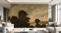Mural de pared de paisaje de bosque al atardecer rústico