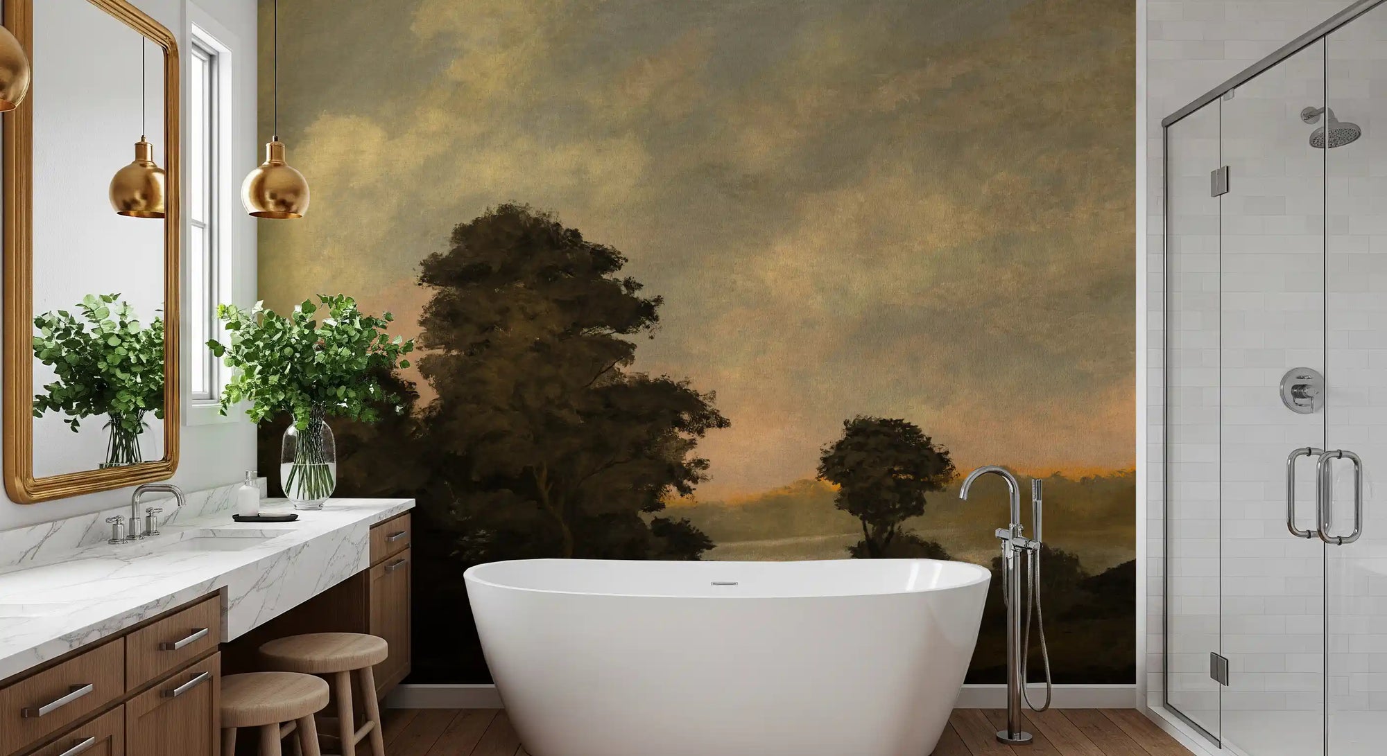 Amber horizon glows behind dark trees, a Rustic Sunset wall mural in a bathroom GD11239