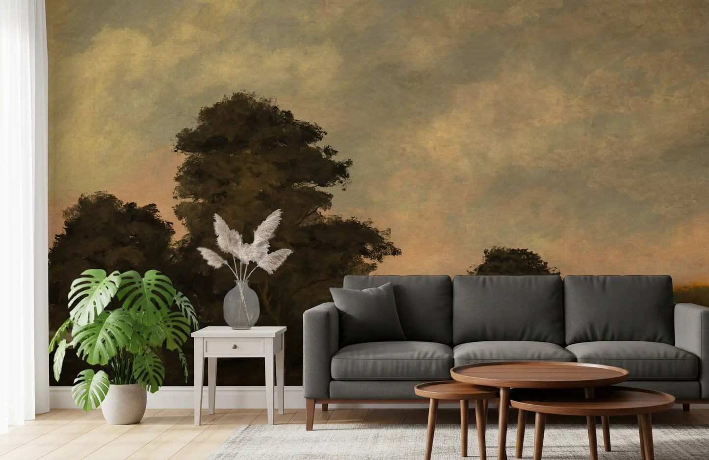 Mural de pared de paisaje de bosque al atardecer rústico