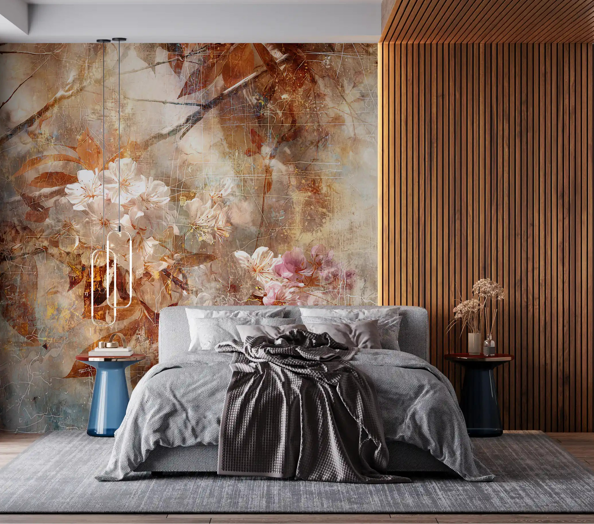 Weathered cherry blossoms drift over a rustic wall mural warming a bedroom GD11240

