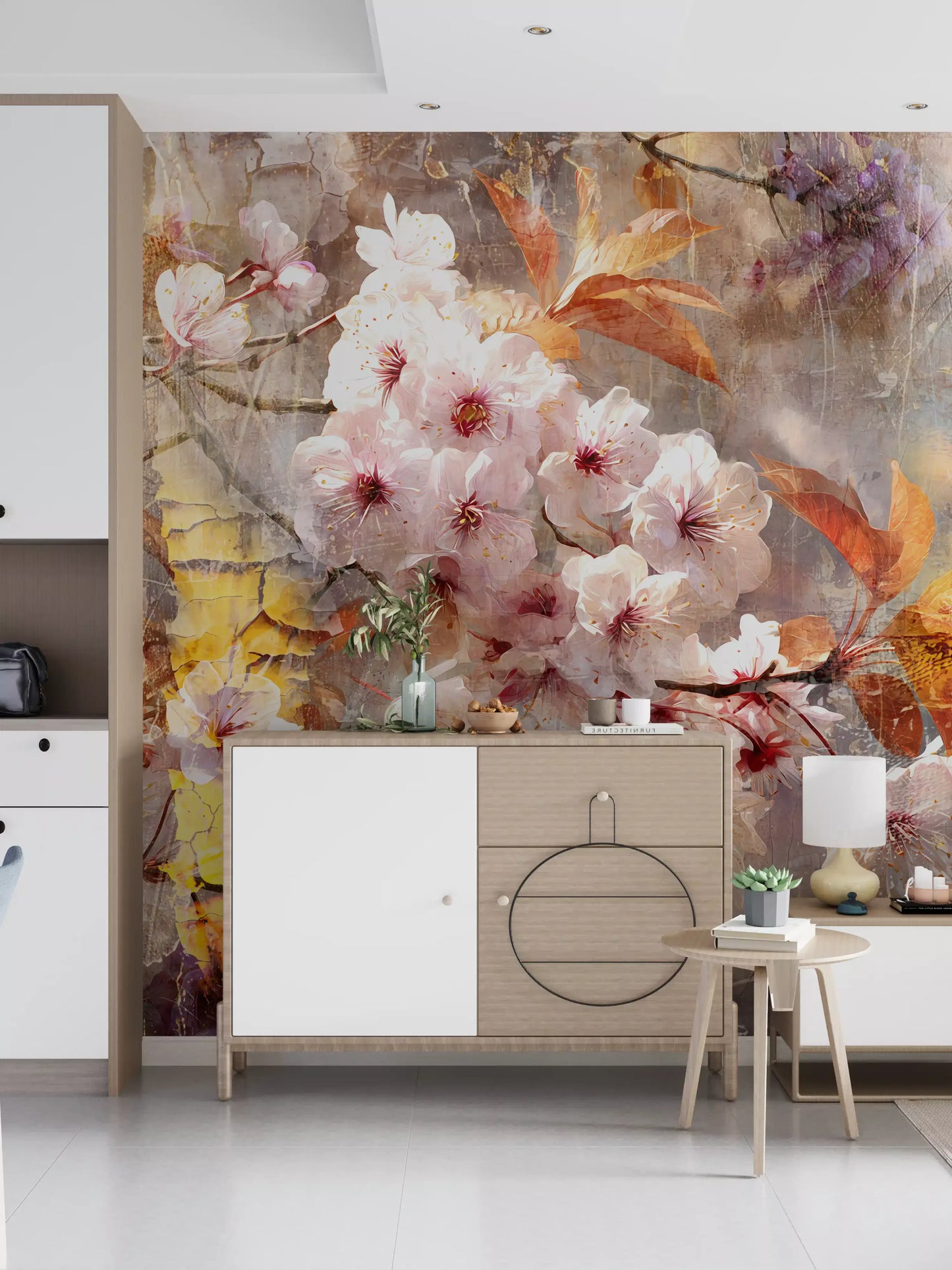 Mural de Pared con Ilustración de Flor Dorada Rústica