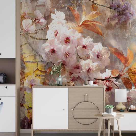 Pink cherry blossom lifts a kitchen in this rustic bloom wall mural GD11241
